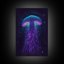 Carregar imagem no visualizador da galeria, Bioluminescent Jellyfish against a Starry night sky, Cosmic Jelly Fish, Framed Canvas Print, synthwave style art