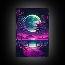 Carregar imagem no visualizador da galeria, Full Moon over a Florida Beach, Palm Trees, Outrun Style Beach Landscape art, framed canvas Print