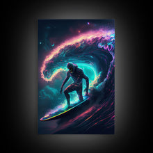 Load image into Gallery viewer, Astronaut surfing the stars, Cosmic Surfer, Galaxy Art, framed canvas print, unique colorful wall art