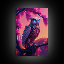Load image into Gallery viewer, Cyberpunk Robot Owl, framed canvas print, Cybernetic android owl art, vaporwave aesthetic futuristic art