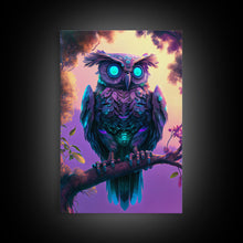 Load image into Gallery viewer, Cyberpunk Robot Owl, framed canvas print, Cybernetic android owl art, vaporwave aesthetic futuristic art