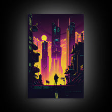 Load image into Gallery viewer, Cyberpunk art, Retrowave style dystopian cityscape art, game room art, framed canvas print, retro wave city skyline