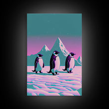 Load image into Gallery viewer, Retrowave Penguins in the Arctic, synthwave style wall art, Antarctica art, framed canvas print, cute animal prints