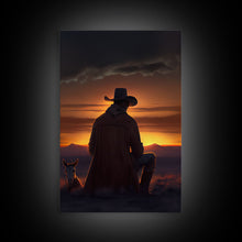 Carregar imagem no visualizador da galeria, A cowboy and his horse at sunset, framed canvas art, canvas print, western decor, farmhouse art