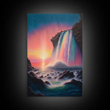 Carregar imagem no visualizador da galeria, A Mythical Waterfall and Rainbow pouring Into the ocean blue at sunset, framed canvas print