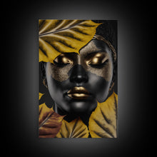 Load image into Gallery viewer, Beautiful Woman Art Framed Canvas Print Black Gold Woman Wall Art Lady Print, Gold Face Leaves Palm decor ready to hang Ethnic girl portrait