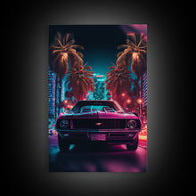 Load image into Gallery viewer, American Muscle Car on Sunset Strip, Retro Synthwave Art, Framed Canvas Print, Gift For Him, Muscle Car Art