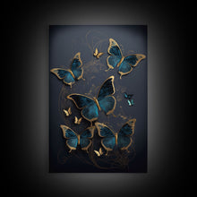 Load image into Gallery viewer, Blue Butterflies Canvas Print Wall Art, Blue and Gold Butterfly Canvas Painting, Butterfly Wall Decor, Home Gift, ready to hang decor