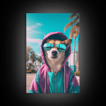 Cargar imagen en el visor de la galería, Corgi In Pink And Blue Hoodie Sunglasses Wall Print, Dog Art Print, Dog Portrait, Framed Wall Art, Framed Canvas, Wall Print, Wall Canvas