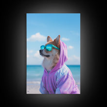 Cargar imagen en el visor de la galería, Corgi In Purple Hoodie Sunglasses Wall Print, Beach Art, Dog Print, Dog Portrait, Framed Wall Art, Framed Canvas, Wall Print, Wall Canvas