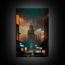 Load image into Gallery viewer, Art Deco Cyberpunk Cityscape Canvas Print, Scifi art, cool wall art for mancave, dystopian art, architecture