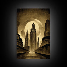 Load image into Gallery viewer, Dystopian Metropolis Art Deco Canvas Print, City Skyline, Fantasy Art, Art Deco Living Room Art, ready to hang wall art