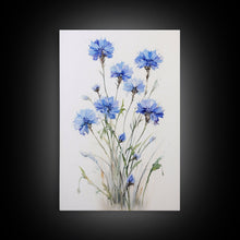 Load image into Gallery viewer, Blue Bachelor Buttons Art Print - Framed Giclee Oil Painting Print - Oil Painting Still Life Original - Large Flower Canvas Print or Poster