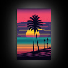 Load image into Gallery viewer, Beach Vibes, 3 Panel Wall Art, Framed Canvas Prints, Triptych Art, 3 Piece, 80s Vibes Vaporwave Wall Art, Life Guard Hut and Palm Trees