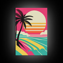 Load image into Gallery viewer, Beautiful Turquoise Retro Style Beach Art, Triptych 3 Panel Framed Canvas Prints, Palm Trees and Sunset, 80s Vibes Vaporwave Art Deco Mashup