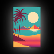 Load image into Gallery viewer, Beautiful Turquoise Retro Style Beach Art, Triptych 3 Panel Framed Canvas Prints, Palm Trees and Sunset, 80s Vibes Vaporwave Art Deco Mashup