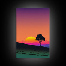 Carregar imagem no visualizador da galeria, A Lone Tree in a Texas Field At Sunset, Retro Style MCM Art, Framed Canvas Print, Trendy Wall Prints, Landscape and Sunset Outrun Art