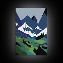 Carregar imagem no visualizador da galeria, Abstract Pacific Northwest Art, Minimalist Boho Style Forest and Mountain Landscape, Framed Canvas Art, Abstract Art, Green Mountains
