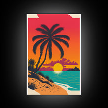 Carregar imagem no visualizador da galeria, Framed Canvas Print - Art Deco Sunset, Beaches, Minimalist Palm trees - Island Vibes - Retro Tropical Art - Pop Art Beach Decor