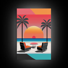 Cargar imagen en el visor de la galería, Framed Canvas Print - Art Deco Sunset, Minimalist Beach, Palm Trees, Retro Style, Synthwave, Vaporwave, Minimalist Abstract Decor