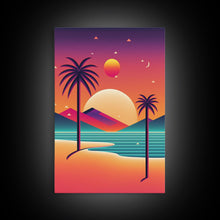 Carregar imagem no visualizador da galeria, Framed Canvas Print | Art Deco Sunset | Retro Style | Palm Trees | Island Vibes | Desert Pyramids and Palm Trees | Desert Art