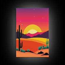 Carregar imagem no visualizador da galeria, Framed Canvas Art | Sunset Desert Landscape | Pop Art Style | UV-Resistant Coating | Hand-Stretched | 1.5" Thick Wooden Frame