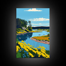Cargar imagen en el visor de la galería, Colorful Pop Art Picture of a Stream, Framed Canvas Print, Surrealist High Contrast Cel Shaded Landscape Art