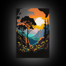 Load image into Gallery viewer, Colorful Pop Art Picture of a Mountain and Forest Landscape, Framed Canvas Print, Surrealist High Contrast Cel Shaded Landscape Art