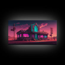 Load image into Gallery viewer, Art Deco Cyberpunk Diner, Wild West Mashup Art, Framed Canvas Print, Neon Art, Wild West Concept Art