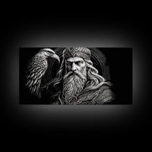 Load image into Gallery viewer, Black and White Portrait of Odin and Muninn, King of The Gods, Framed Canvas Print, Odin's Ravens, Norse Mythology Art