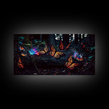 Carregar imagem no visualizador da galeria, Glowing butterflies, fantasy forest wall art, framed canvas print, mother's day, mom gift, monarch butterflies