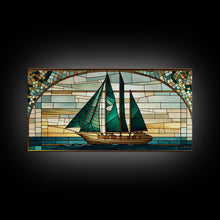 Load image into Gallery viewer, Emerald Green and Gold Art Deco Sail Boat, Framed Canvas Print, Retro MCM Style Wall Art, Midcentury Modern, Stained Glass, Huge Art