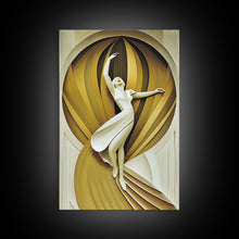 Cargar imagen en el visor de la galería, Art Deco Sculpture Canvas Print, Framed Wall Art, 1930s Inspired Retro Art, White and Gold Ballerina