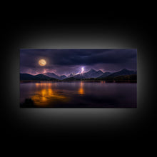 Carregar imagem no visualizador da galeria, Full moon canvas print, Lightning storm over a mountain lake at night, cool wall art, awesome wall art