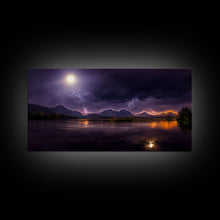 Carregar imagem no visualizador da galeria, Full moon canvas print, Lightning storm over a mountain lake at night, cool wall art, awesome wall art