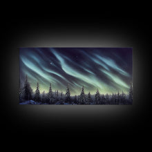 Load image into Gallery viewer, Aurora borealis over a snowy northern forest, canvas print, scenic winter landscape art, northern lights