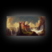 Cargar imagen en el visor de la galería, Fantasy wall art, canvas print, castle in the sky, castle atop mountains and waterfalls, watercolor