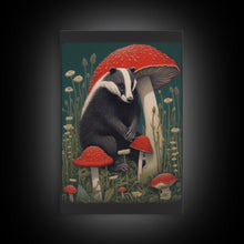 Carregar imagem no visualizador da galeria, Badger Wall Decor, Cute Badger, Mushrooms Wall Decor, Animal Wall Art, Wall Decor, Canvas Print, Wall Art, Framed Canvas