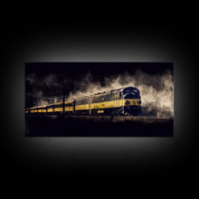 Load image into Gallery viewer, Black Yellow Locomotive Wall Decor, Railroad Wall Decor, Railway Wall Art, Panoramic Wall Decor, Canvas Print, Wall Art, Framed Canvas Art