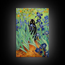Load image into Gallery viewer, Funny Cat Print, Vincent Van Gogh Inspired Irises Black Cat Wall Art, Framed Canvas Print, Poster Art, Funny Gift, Home Decor Wall Art