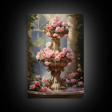 Carregar imagem no visualizador da galeria, Fountain Wall Print, Pink Roses Wall Art, Flower Art Print, Canvas Print, Wall Art, Vertical Print, Botanical Art, Country Home Decor