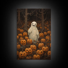 Carregar imagem no visualizador da galeria, Fall Omens - Spooky Ghost In A Pumpkin Patch, Halloween Decor, Fall Art, Framed Canvas Print, Spooky Halloween Decor