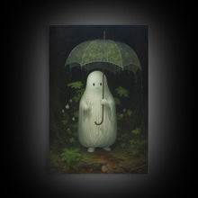 Load image into Gallery viewer, Ghost Holding an Umbrella In The Rain, Vintage Halloween Canvas Print, Framed Canvas, Halloween Wall Art, Dark Academia, Spooky Haunted