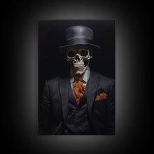 Load image into Gallery viewer, Spooky Skeleton Business Man, Halloween Art, Framed Canvas Print, Halloween Canvas, Skeleton Painting, Victorian Gothic Decor