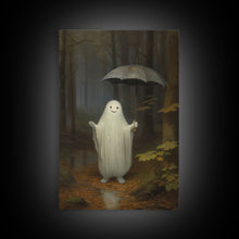 Load image into Gallery viewer, Goofy Ghost In The Rain, Vintage Halloween Canvas, Framed Canvas Print, Cute Wall Art, Who's Haunting Who?