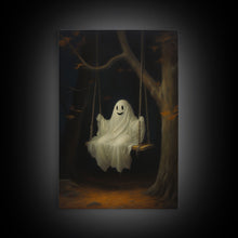 Load image into Gallery viewer, The Happy Playground Ghost, Funny Halloween, Vintage Halloween Canvas, Framed Canvas Print, Cute Wall Art, Ghost On A Swing, Macabre Art