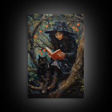 Load image into Gallery viewer, Cute Witch Reading Spells To Her Black Cat Familiar, Vintage Halloween Art, Framed Canvas Print, Halloween Canvas Art, Witchcraft