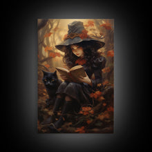 Load image into Gallery viewer, Cute Little Witch Reading Spells To Her Black Cat Familiar, Vintage Halloween Art, Framed Canvas Print, Halloween Canvas Art, Witchcraft