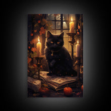 Load image into Gallery viewer, Black Cat Art, Framed Canvas Print, Halloween Canvas Print, Goth Art, Dark Academia, Fall Decor, Witchy Vibes