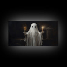 Cargar imagen en el visor de la galería, Cute Ghost Holding Candles, Framed Canvas Print, Dark Academia Wall Art, Victorian Oil Painting Style Halloween Wall Art, Ghost Print